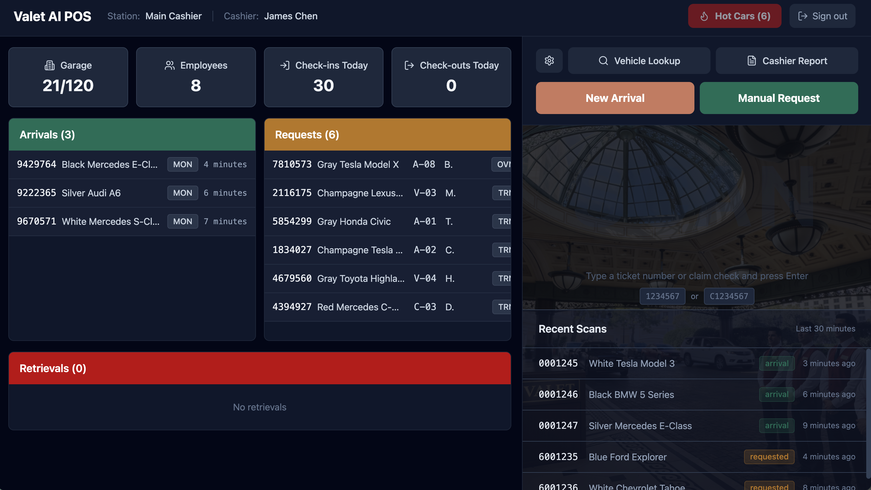 Valet AI POS — Live cashier screen showing arrivals, requests, and retrievals