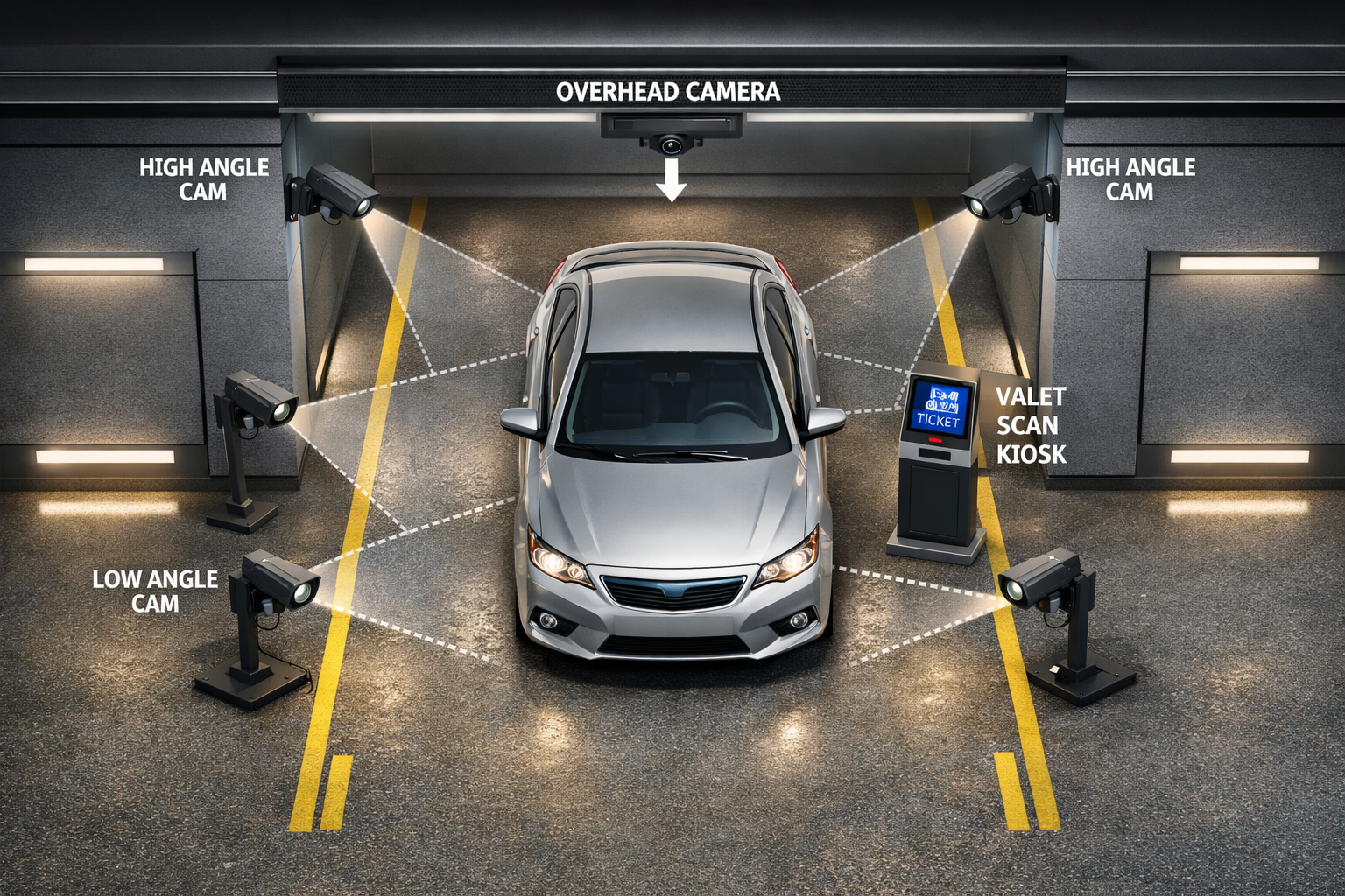 Vehicle inspection station — overhead camera, high angle cameras, low angle camera, valet scan kiosk