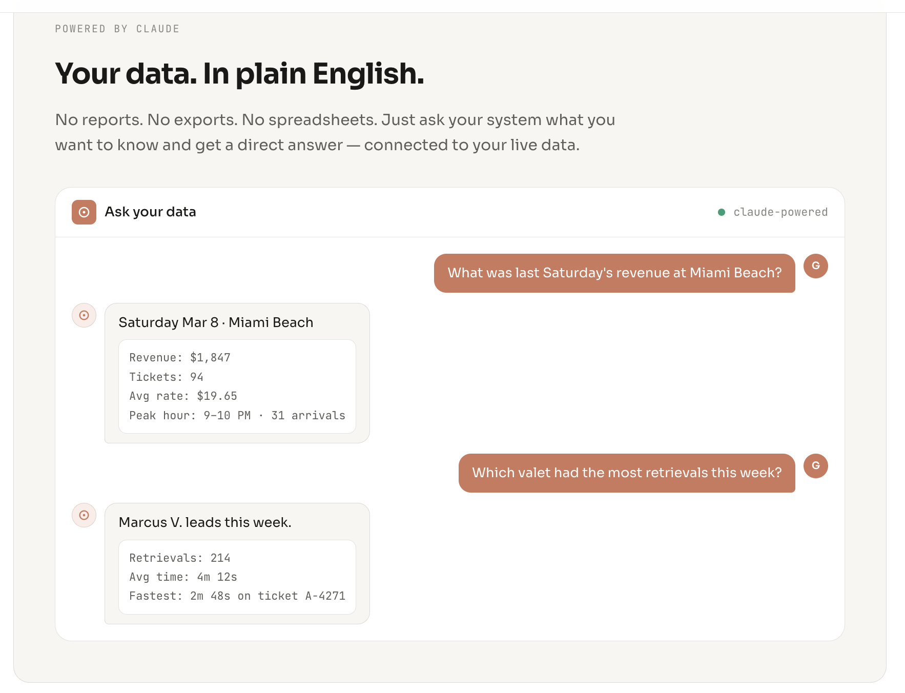 Claude-powered Ask Your Data — revenue and staff queries answered in plain English