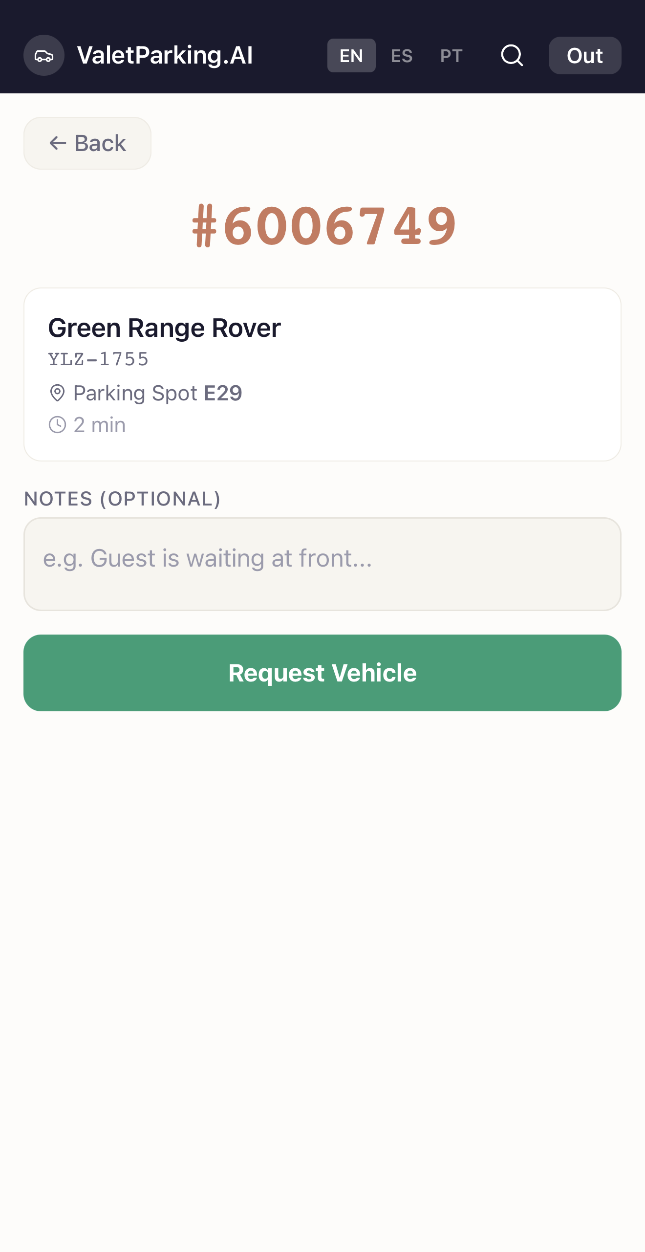 Valet AI — ticket detail view