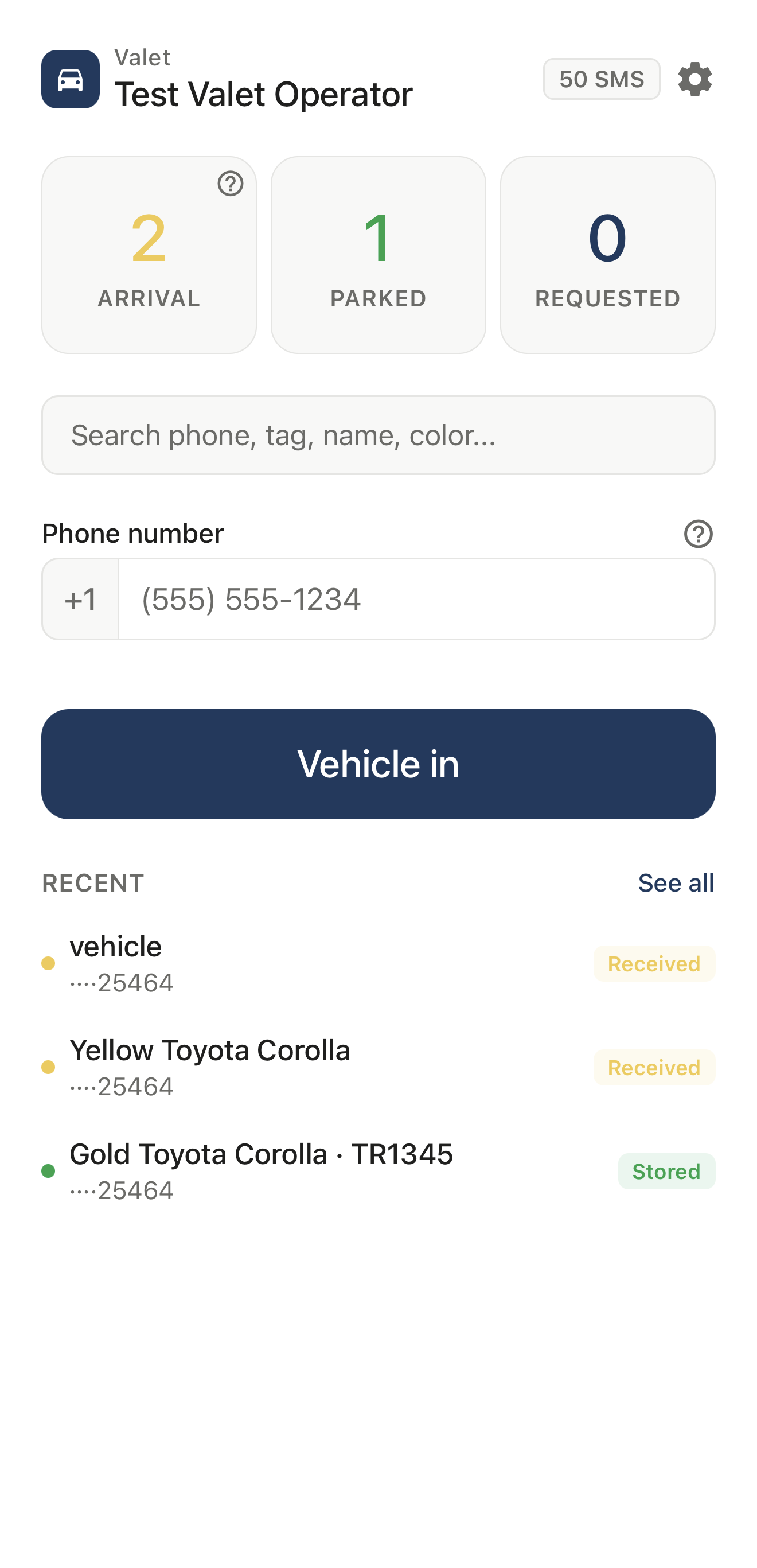 Locker Valet — operator screen showing a car checked in with just a phone number
