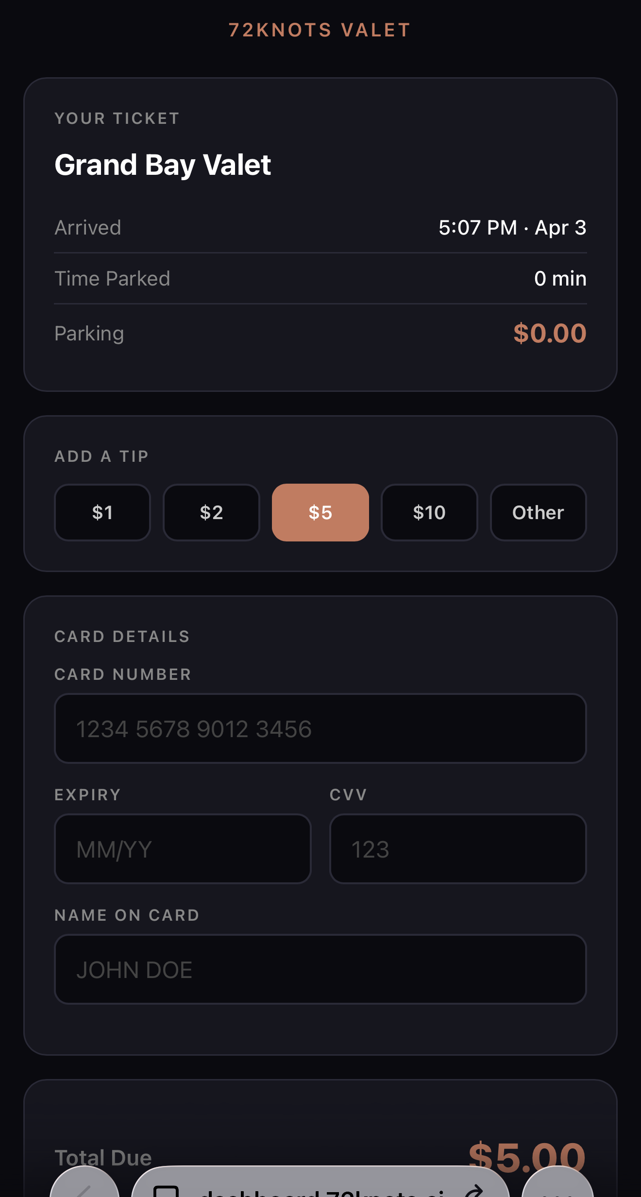 Ticketless Valet — guest payment with tip